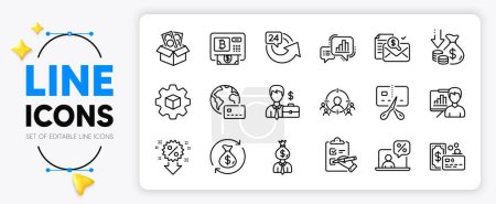 Illustration for Internet pay, Manager and Presentation board line icons set for app include Deflation, Business targeting, Card outline thin icon. Bankrupt, Bribe, Accounting report pictogram icon. Vector - Royalty Free Image