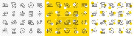 Illustration for Outline Chart, Presentation and Medal line icons pack for web with Sms, Share mail, Manual doc line icon. Meeting time, Deflation, Headshot pictogram icon. Manual, Outsource work. Vector - Royalty Free Image