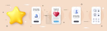 Illustration for Insomnia, Love letter and Air balloon line icons pack. Phone screen mockup with 3d bell, star and placeholder. Puzzle time, Smile face, Plane web icon. Mattress, Wedding glasses pictogram. Vector - Royalty Free Image