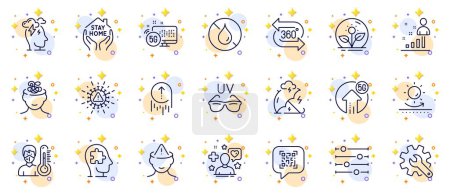 Illustration for Outline set of Sun protection, Incubator and 360 degree line icons for web app. Include 5g internet, Sunglasses, 5g upload pictogram icons. Filter, Qr code, Coronavirus signs. Anxiety. Vector - Royalty Free Image