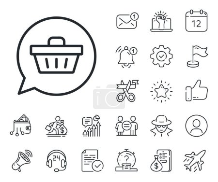 Illustration for Present box sign. Salaryman, gender equality and alert bell outline icons. Dreaming of Gift line icon. Birthday Shopping symbol. Package in Gift Wrap. Shopping cart line sign. Vector - Royalty Free Image
