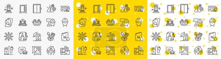 Illustration for Outline Petrol station, Lounge place and House protection line icons pack for web with Builder warning, Brush, Charging station line icon. Petrol canister, Open door, Foreman pictogram icon. Vector - Royalty Free Image