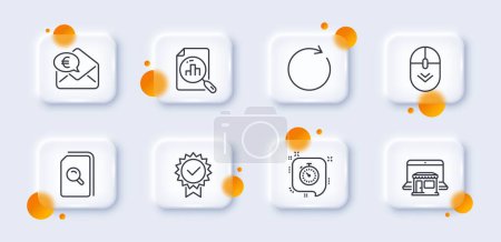 Illustration for Certificate, Euro money and Search files line icons pack. 3d glass buttons with blurred circles. Synchronize, Analytics graph, Scroll down web icon. Marketplace, Timer pictogram. Vector - Royalty Free Image