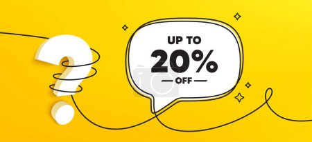 Photo for Up to 20 percent off sale. Continuous line chat banner. Discount offer price sign. Special offer symbol. Save 20 percentages. Discount tag speech bubble message. Wrapped 3d question icon. Vector - Royalty Free Image