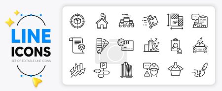 Illustration for Cardboard box, Inspect and Brush line icons set for app include Skyscraper buildings, Inventory report, Parcel tracking outline thin icon. Night city, Floor plan, Inventory cart pictogram icon. Vector - Royalty Free Image