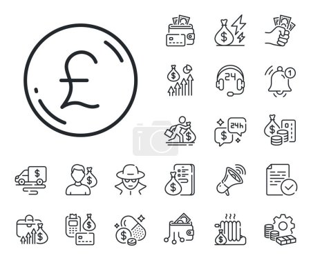 Illustration for Gbp currency sign. Cash money, loan and mortgage outline icons. Pound money line icon. Cash coin symbol. Pound money line sign. Credit card, crypto wallet icon. Inflation, job salary. Vector - Royalty Free Image