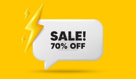 Illustration for Sale 70 percent off discount. 3d speech bubble banner with power energy. Promotion price offer sign. Retail badge symbol. Sale chat speech message. 3d offer talk box. Vector - Royalty Free Image