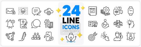 Illustration for Icons set of Inflation, Cloud computing and Smartwatch line icons pack for app with Creative painting, Voicemail, Signature thin outline icon. Bike, Video conference, Idea pictogram. Vector - Royalty Free Image