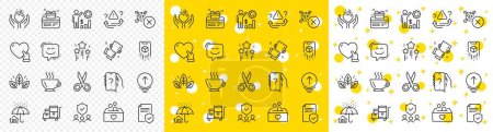 Illustration for Outline Organic tested, Donation and Smile face line icons pack for web with Loyalty card, Cut, Qr code line icon. Inventory cart, Ask question, Coffee pictogram icon. Insurance policy. Vector - Royalty Free Image