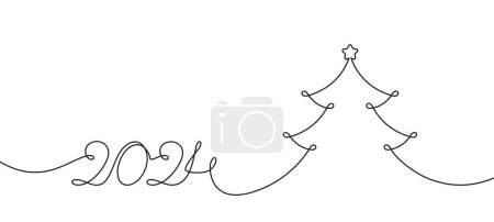Illustration for 2024 new year single continuous line sketch. Hand drawing number 2024. Curved outline with Christmas tree. Minimalistic hand-drawn banner with single line path. New year vector illustration - Royalty Free Image