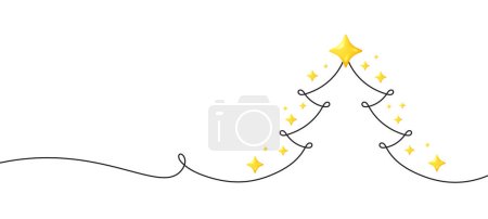 Illustration for New year single continuous line sketch. Hand drawing Christmas tree with stars. Curved outline with Christmas tree. Minimalistic hand-drawn banner with single line path. New year vector illustration - Royalty Free Image