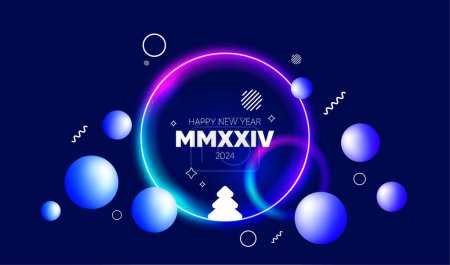 Illustration for Happy New Year 2024 Neon light circle frame background. Abstract cosmic vibrant color banner. 2024 roman numerals. Creative poster of MMXXIV new year card. Christmas tree in a ball. Vector - Royalty Free Image