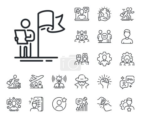 Illustration for Success flag sign. Specialist, doctor and job competition outline icons. Leadership line icon. Winner symbol. Leadership line sign. Avatar placeholder, spy headshot icon. Strike leader. Vector - Royalty Free Image