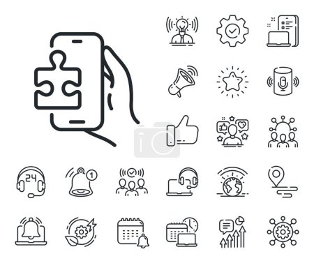 Illustration for Jigsaw piece with phone sign. Place location, technology and smart speaker outline icons. Puzzle game line icon. Business challenge symbol. Puzzle game line sign. Vector - Royalty Free Image