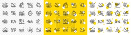 Illustration for Passport, Luggage, Check in airport icons. Travel line icons. Airplane flight, Sunglasses, Hotel building. Passport check in document, Sea diving. Restaurant hotel food, luggage travel. Vector - Royalty Free Image