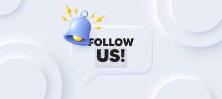 Illustration for Follow us tag. Neumorphic background with chat speech bubble. Special offer sign. Super offer symbol. Follow us speech message. Banner with bell. Vector - Royalty Free Image