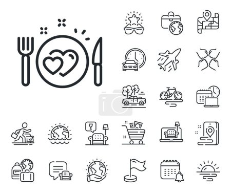 Illustration for Valentines day food sign. Plane jet, travel map and baggage claim outline icons. Romantic dinner line icon. Couple relationships symbol. Romantic dinner line sign. Vector - Royalty Free Image