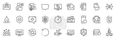 Illustration for Icons pack as Attention, Medical chat and Certificate line icons for app include Receive mail, Vip mail, Work home outline thin icon web set. Fingerprint, Fake news, Timer pictogram. Vector - Royalty Free Image