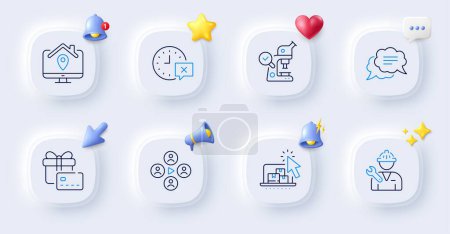 Illustration for Work home, Online storage and Text message line icons. Buttons with 3d bell, chat speech, cursor. Pack of Time, Video conference, Repairman icon. Microscope, Gift card pictogram. Vector - Royalty Free Image