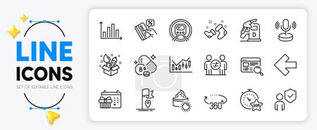 Illustration for Christmas calendar, Microphone and Diagram graph line icons set for app include Financial diagram, Credit card, Metro subway outline thin icon. 360 degrees, Sun cream, Vip timer pictogram icon. Vector - Royalty Free Image