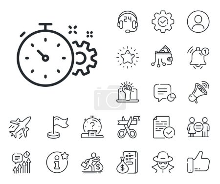 Illustration for Engineering tool sign. Salaryman, gender equality and alert bell outline icons. Cogwheel with timer line icon. Cog gear symbol. Cogwheel timer line sign. Spy or profile placeholder icon. Vector - Royalty Free Image