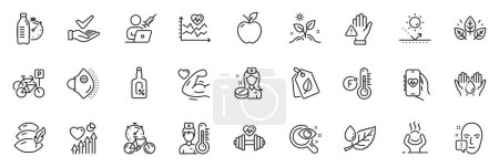 Illustration for Icons pack as Face attention, Thermometer and Bike timer line icons for app include Dont touch, Medical mask, Vision test outline thin icon web set. Leaf dew, Grow plant. Vector - Royalty Free Image