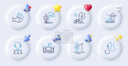Illustration for Winner, Arena and Fisherman line icons. Buttons with 3d bell, chat speech, cursor. Pack of Winner cup, Hook, Leadership icon. Fish, Bicycle pictogram. For web app, printing. Vector - Royalty Free Image