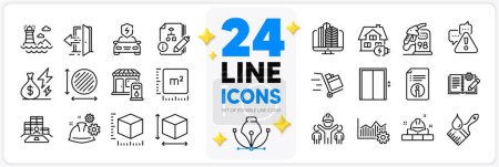 Illustration for Icons set of Algorithm, Entrance and Engineering team line icons pack for app with Box size, Push cart, Package size thin outline icon. Square meter, Brush, Working process pictogram. Vector - Royalty Free Image
