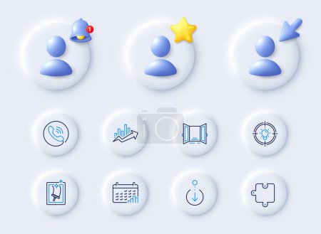Illustration for Window cleaning, Call center and Puzzle line icons. Placeholder with 3d cursor, bell, star. Pack of Idea, Scroll down, Growth chart icon. Calendar graph, Open door pictogram. Vector - Royalty Free Image