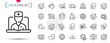 Illustration for Pack of Ambulance emergency, Covid test and Medical mask line icons. Include Donation, Stress, Coronavirus pictogram icons. Vitamin d, Medical flight, Dont touch signs. Boron mineral. Vector - Royalty Free Image