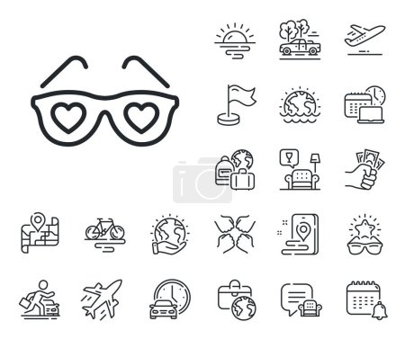 Illustration for Valentines day spectacles sign. Plane jet, travel map and baggage claim outline icons. Glasses with hearts line icon. Love accessory symbol. Love glasses line sign. Vector - Royalty Free Image