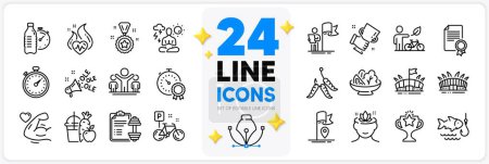 Illustration for Icons set of Yoga mind, Arena stadium and Dumbbell line icons pack for app with Juice, Yoga, Timer thin outline icon. Eco bike, Leadership, Strong arm pictogram. Winner cup, Flag, Arena. Vector - Royalty Free Image