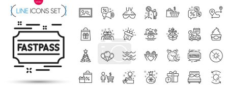 Illustration for Pack of Discounts offer, Ice creams and Waves line icons. Include Sale bags, Discounts chat, Discount pictogram icons. Delivery, Ice cream, Sunglasses signs. No sun, Journey, Sun protection. Vector - Royalty Free Image