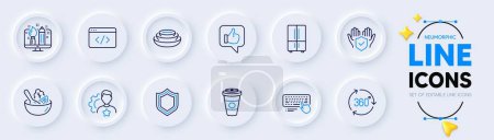 Illustration for Security, Creative design and Seo script line icons for web app. Pack of Salad, Takeaway coffee, Brand pictogram icons. Computer keyboard, 360 degree, Refrigerator signs. Insurance hand. Vector - Royalty Free Image