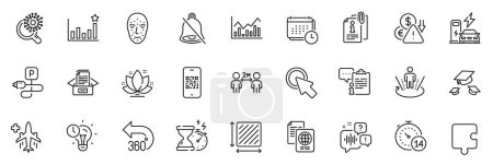 Illustration for Icons pack as 360 degrees, Augmented reality and Quarantine line icons for app include Coronavirus research, Attached info, Calendar outline thin icon web set. Click here, Square area. Vector - Royalty Free Image
