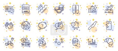 Illustration for Outline set of Knife, Survey results and Global business line icons for web app. Include Charging app, Night city, Copyright chat pictogram icons. Bike delivery, Question mark, Ssd signs. Vector - Royalty Free Image