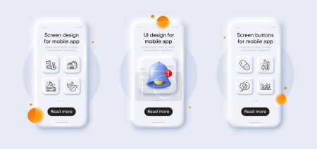 Illustration for Financial goal, Chemistry lab and Capsule pill line icons pack. 3d phone mockups with bell alert. Glass smartphone screen. Ranking stars, Investment, Fake news web icon. Vector - Royalty Free Image