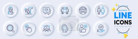Illustration for Search love, Friends chat and Psychology line icons for web app. Pack of Cyber attack, Online discounts, Vaccination pictogram icons. Restroom, Painter, Love couple signs. Cursor. Vector - Royalty Free Image