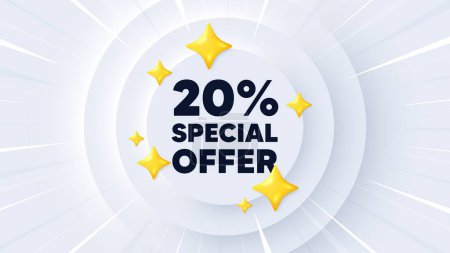 Illustration for 20 percent discount offer tag. Neumorphic banner with sunburst. Sale price promo sign. Special offer symbol. Discount message. Banner with 3d stars. Circular neumorphic template. Vector - Royalty Free Image