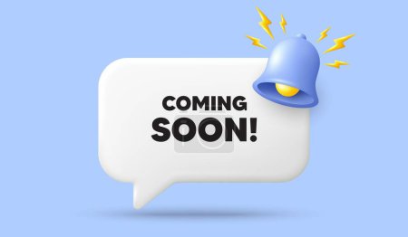 Illustration for Coming soon tag. 3d speech bubble banner with bell. Promotion banner sign. New product release symbol. Coming soon chat speech message. 3d offer talk box. Vector - Royalty Free Image