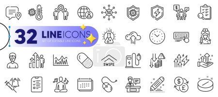 Illustration for Outline set of Analysis graph, Chemistry lab and Capsule pill line icons for web with Vaccination, Investment, Charging station thin icon. Interview, Exhibitors, Teamwork pictogram icon. Vector - Royalty Free Image