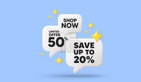 Illustration for Save up to 20 percent tag. 3d offer chat speech bubbles. Discount Sale offer price sign. Special offer symbol. Discount speech bubble 3d message. Talk box stars banner. Vector - Royalty Free Image