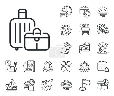 Illustration for Travel luggage sign. Plane jet, travel map and baggage claim outline icons. Baggage line icon. Journey bag claim symbol. Baggage line sign. Car rental, taxi transport icon. Place location. Vector - Royalty Free Image