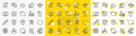 Illustration for Outline Food app, Charging station and 360 degrees line icons pack for web with Pencil, Chat message, Cloud sync line icon. Augmented reality, Trash bin, User notification pictogram icon. Vector - Royalty Free Image