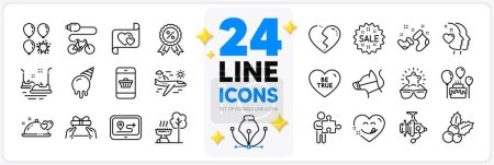Illustration for Icons set of Gps, Broken heart and Heart line icons pack for app with Christmas holly, Be true, Yummy smile thin outline icon. Best glasses, Puzzle, Romantic dinner pictogram. Dog leash. Vector - Royalty Free Image