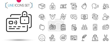 Illustration for Pack of Smartphone statistics, Best food and Waterproof line icons. Include Gps, Face id, Floor lamp pictogram icons. Certificate, Office box, Employees messenger signs. Card, Edit user. Vector - Royalty Free Image