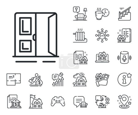 Illustration for Entrance doorway sign. Floor plan, stairs and lounge room outline icons. Open door line icon. Building exit symbol. Open door line sign. House mortgage, sell building icon. Real estate. Vector - Royalty Free Image