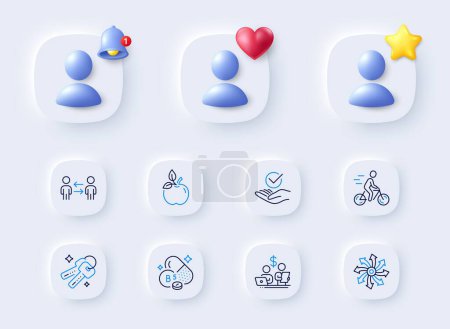 Illustration for Keys, Pantothenic acid and Teamwork business line icons. Placeholder with 3d bell, star, heart. Pack of Approved, Versatile, Cyclist icon. Budget accounting, Eco food pictogram. Vector - Royalty Free Image