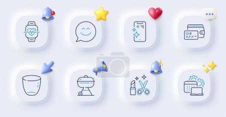 Illustration for Smile chat, Software and Cardio training line icons. Buttons with 3d bell, chat speech, cursor. Pack of Wallet, Glass, Grill icon. Beauty, Smartphone clean pictogram. For web app, printing. Vector - Royalty Free Image