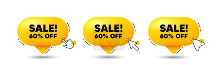Illustration for Sale 60 percent off discount. Click here buttons. Promotion price offer sign. Retail badge symbol. Sale speech bubble chat message. Talk box infographics. Vector - Royalty Free Image